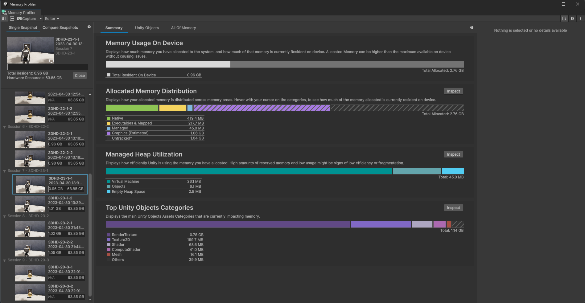 Unity Memory Profiler interface